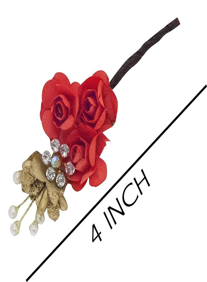 AASA Fancy Flower Juda Pins, Bun Making Stylish Pins for Girls, Women, Set of 6Pcs(Red) - Image 2