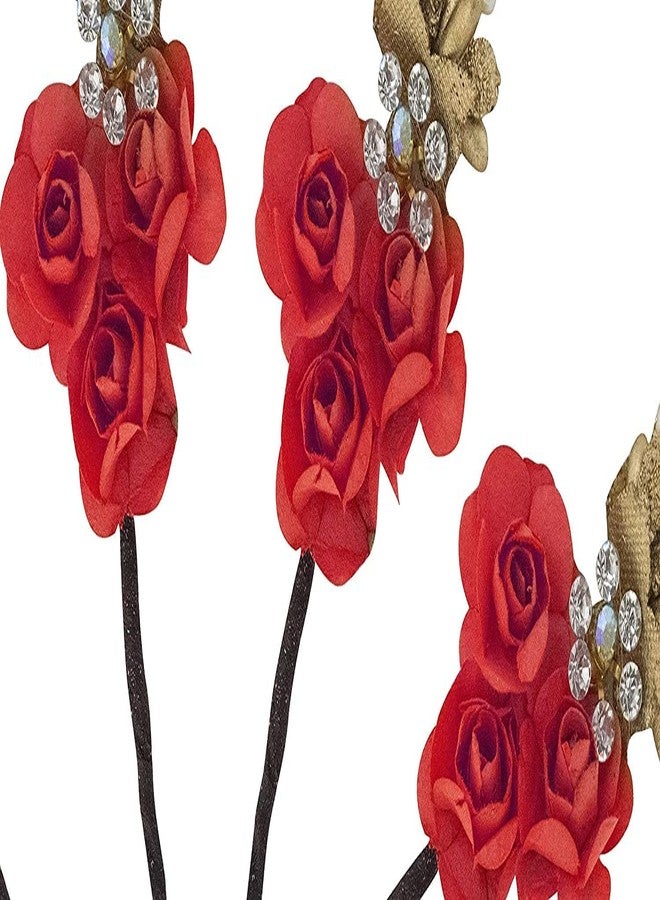 AASA Fancy Flower Juda Pins, Bun Making Stylish Pins for Girls, Women, Set of 6Pcs(Red) - Image 4