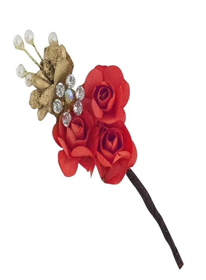 AASA Fancy Flower Juda Pins, Bun Making Stylish Pins for Girls, Women, Set of 6Pcs(Red) - Image 3