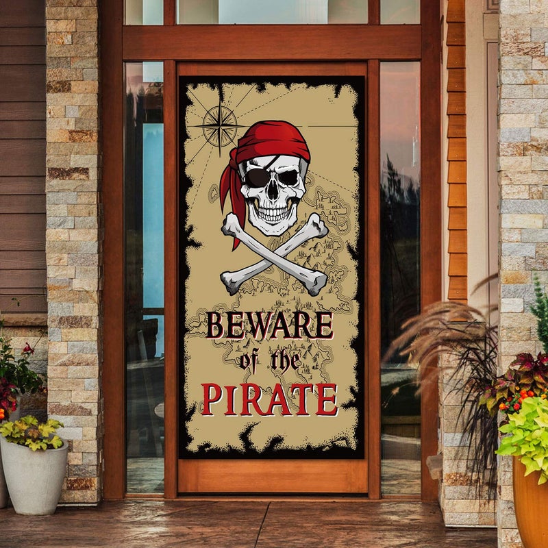 Tatuo Beware Of Pirates Door Banner Pirate Party Decoration Pirate Backdrop Halloween Birthday Party Photo Booth Props Pirate Theme Party Supplies - Image 1