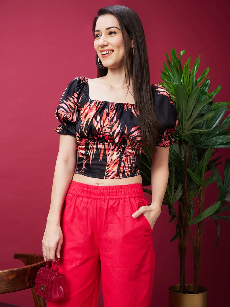 globus Globus Women Tropical Printed Square Neck Puff Sleeves Smocked Crop Blouson Top