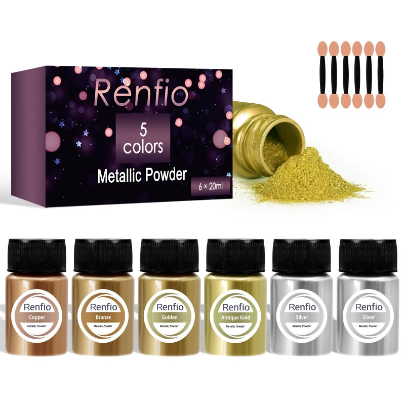 Renfio Metallic Pigment Powder 5 Colors Gold Mica Powder for Resin 6 X 20ml Metal Powder Resin Color Pigment Color Pigment for Epoxy Resin Kintsugi Polymer Clay Candle Dye
