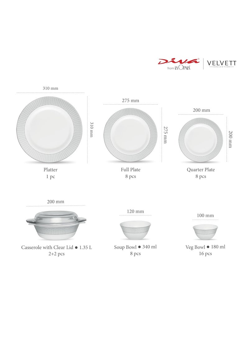 La Opala - La Opala Diva Velvett Collection Opal Glass Crockery | for Family of 8 | Dinner Set 45 pcs Stella Grey | Plates & Bowls for Dining | Microwave Safe | 100% Vegetarian | Extra Strong | Light & White - Image 1