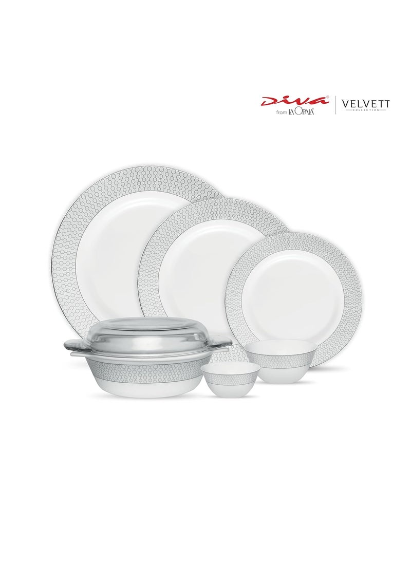 La Opala - La Opala Diva Velvett Collection Opal Glass Crockery | for Family of 8 | Dinner Set 45 pcs Stella Grey | Plates & Bowls for Dining | Microwave Safe | 100% Vegetarian | Extra Strong | Light & White - Image 1