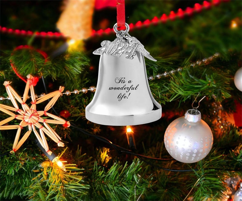 JUPPE 2025 Silver Engraved It's A Wonderful Life Christmas Bell Ornaments for Christmas Tree Wedding Anniversary Decoration Pendants with Angel Wings (Silver Bell) - Image 5