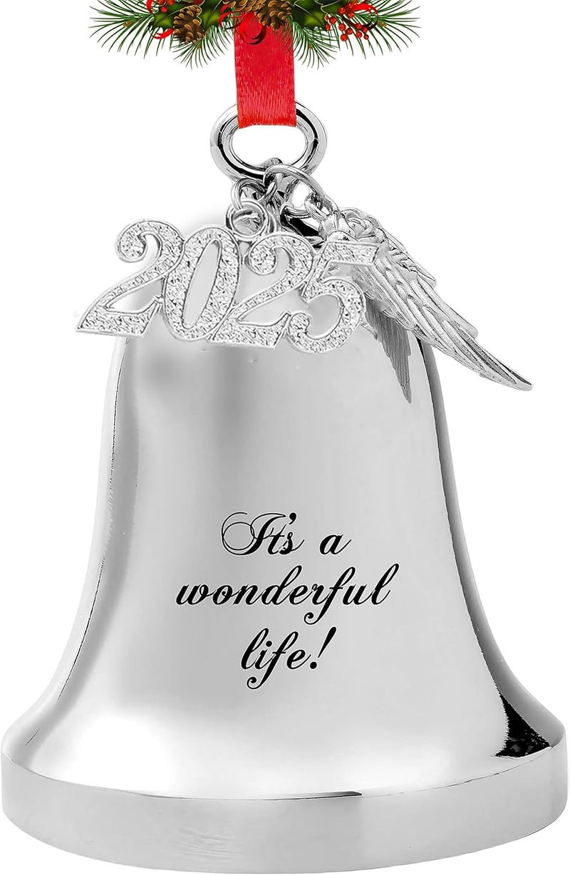 JUPPE 2025 Silver Engraved It's A Wonderful Life Christmas Bell Ornaments for Christmas Tree Wedding Anniversary Decoration Pendants with Angel Wings (Silver Bell) - Image 1