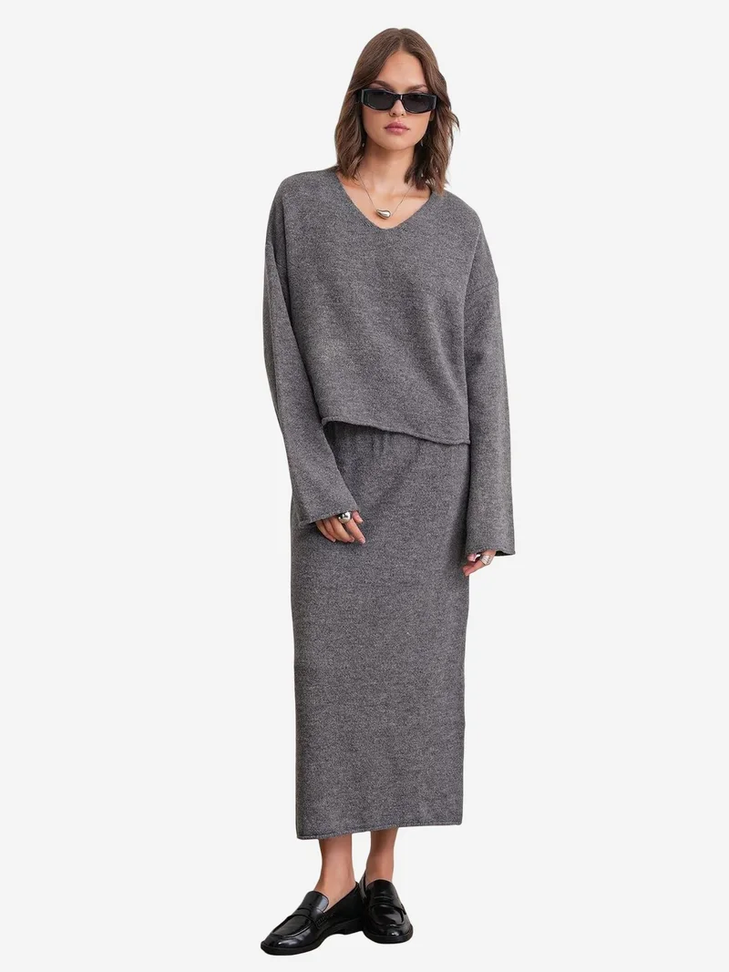 MixRay Mixray V-neck Knitwear Sweater & Skirt Co-ord Set