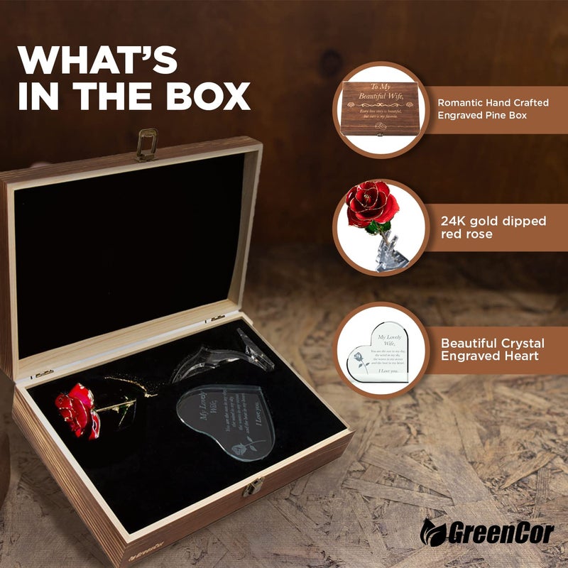 GreenCor Anniversary for Wife Engraved Wooden Gift Set 'To My Beautiful Wife' Includes Crystal Engraved Heart 24K Gold Dipped Rose for Birthday Gifts - Image 3