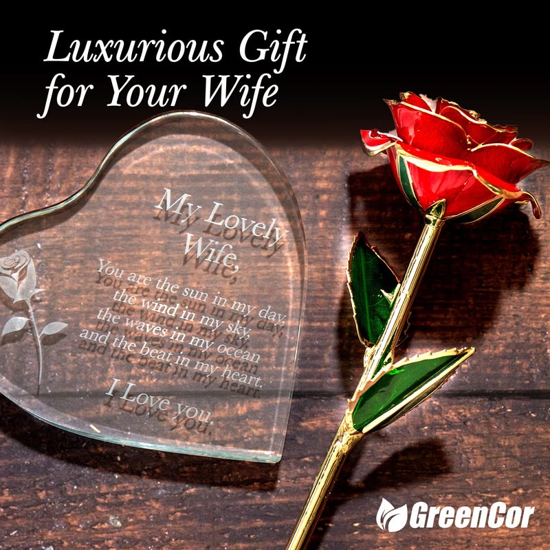 GreenCor Anniversary for Wife Engraved Wooden Gift Set 'To My Beautiful Wife' Includes Crystal Engraved Heart 24K Gold Dipped Rose for Birthday Gifts - Image 5