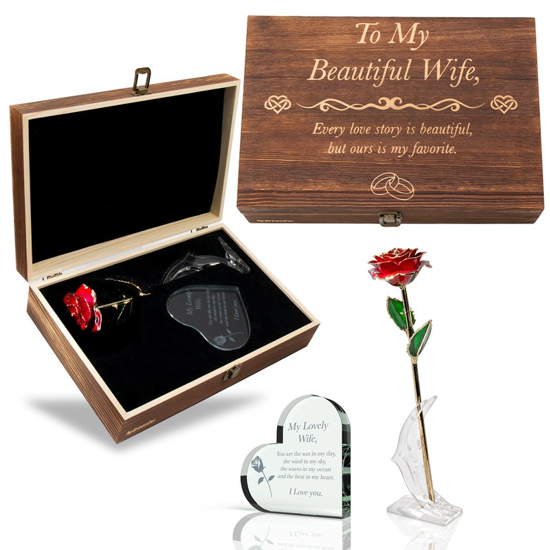 GreenCor Anniversary for Wife Engraved Wooden Gift Set 'To My Beautiful Wife' Includes Crystal Engraved Heart 24K Gold Dipped Rose for Birthday Gifts - Image 1
