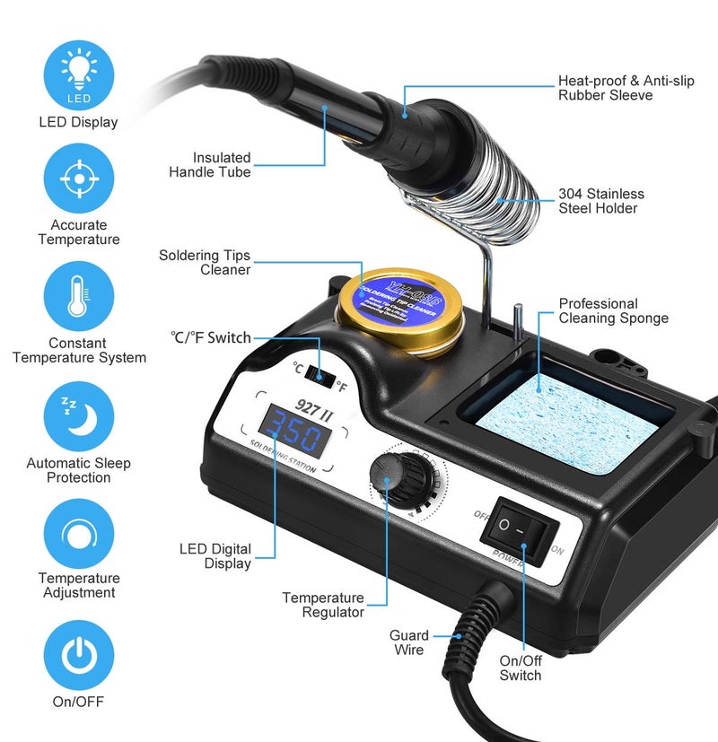 Preciva Preciva Soldering Iron Station, 60W Professional Digital Soldering Station, 90-480℃ Temperature Adjustable Repair Tool Kit with Soldering Tips, Solder Wire and Frame, Sponge, Suction Device, etc.  - Image 2
