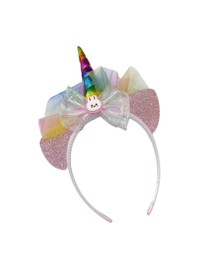 Fairytale Unicorn Hairband With Rainbow Horn, Glitter Bow Tulle Mesh Decoration Headband Kids Girls. (Light Pink, Regular) - Image 2