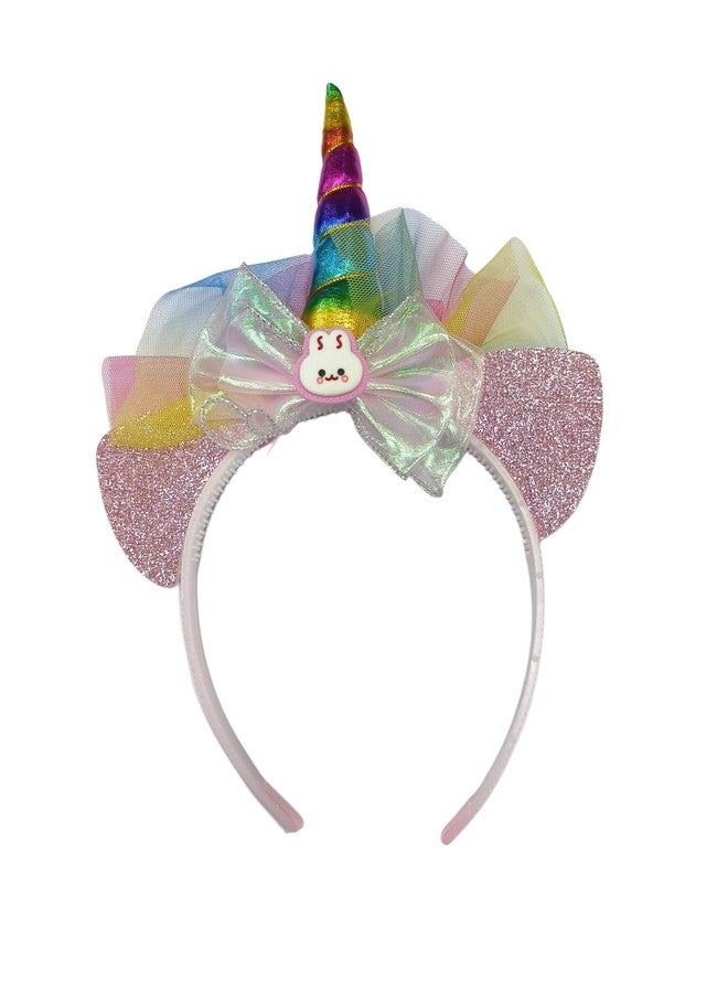 Fairytale Unicorn Hairband With Rainbow Horn, Glitter Bow Tulle Mesh Decoration Headband Kids Girls. (Light Pink, Regular) - Image 1