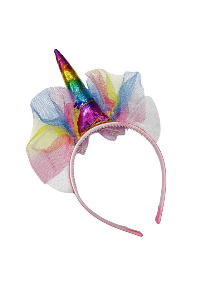Fairytale Unicorn Hairband With Rainbow Horn, Glitter Bow Tulle Mesh Decoration Headband Kids Girls. (Light Pink, Regular) - Image 3
