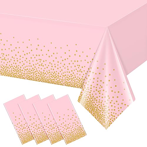 FunnyPars 4 Pack Pink and Gold Plastic Tablecloth for Parties, Pink Disposable Table Cloth for Rectangle Tables, Gold Dot Confetti Light Pink Tablecloth for Birthday Wedding Baby Shower Party, 54x108 - Image 1