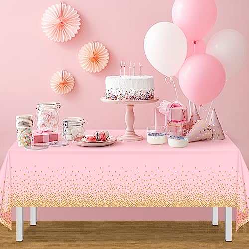 FunnyPars 4 Pack Pink and Gold Plastic Tablecloth for Parties, Pink Disposable Table Cloth for Rectangle Tables, Gold Dot Confetti Light Pink Tablecloth for Birthday Wedding Baby Shower Party, 54x108 - Image 5