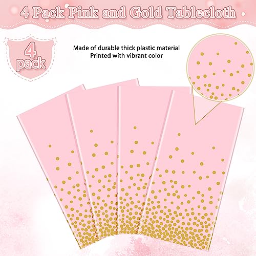 FunnyPars 4 Pack Pink and Gold Plastic Tablecloth for Parties, Pink Disposable Table Cloth for Rectangle Tables, Gold Dot Confetti Light Pink Tablecloth for Birthday Wedding Baby Shower Party, 54x108 - Image 4