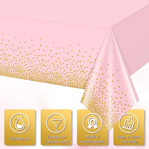 FunnyPars 4 Pack Pink and Gold Plastic Tablecloth for Parties, Pink Disposable Table Cloth for Rectangle Tables, Gold Dot Confetti Light Pink Tablecloth for Birthday Wedding Baby Shower Party, 54x108 - Image 3