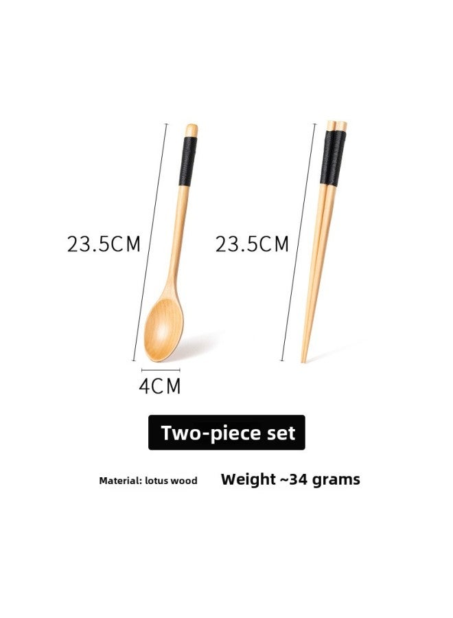 Solid Wood Spoon And Chopsticks Set Two-piece Japanese Style Wooden Chopsticks Travel Tableware Household Portable Nanmu Spoon And Chopsticks Set Lotus-Specifications:23.5 Wood Color Wrapped Black Line Spoon Chopsticks Set  - Image 1