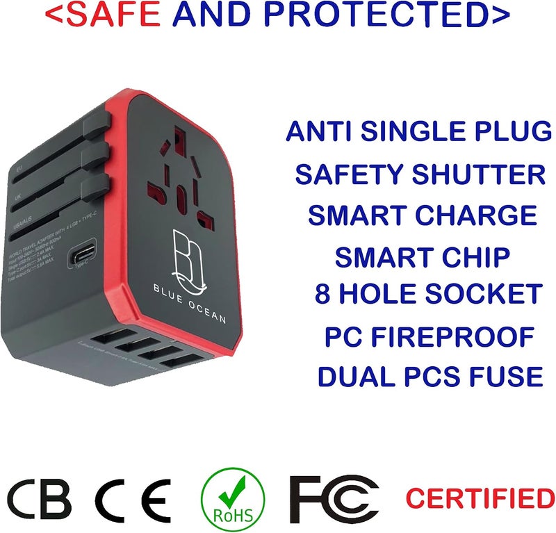 BLUE OCEAN Travel Adapter, 5.6A Ultra-fast Speed 4 Usb Ports - 1 Type C 3.0A Universal Travel Adapter, All In One Adapter For Phones, Tablets And Power Socket Plugs Uk Eu Us Au Auto Switch With Pouch - Image 4