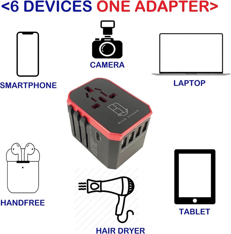 BLUE OCEAN Travel Adapter, 5.6A Ultra-fast Speed 4 Usb Ports - 1 Type C 3.0A Universal Travel Adapter, All In One Adapter For Phones, Tablets And Power Socket Plugs Uk Eu Us Au Auto Switch With Pouch - Image 3