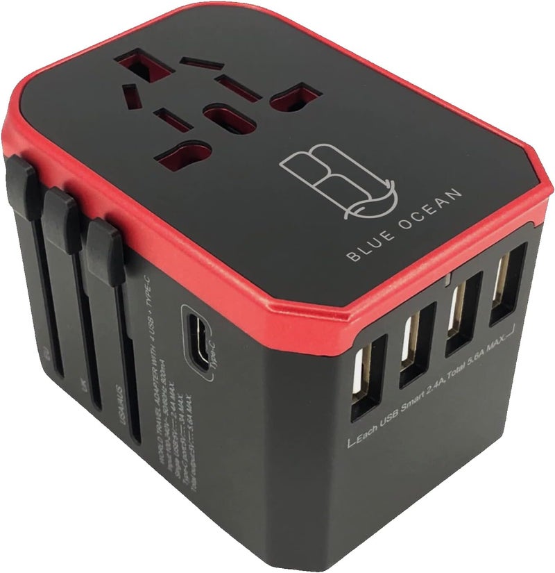 BLUE OCEAN Travel Adapter, 5.6A Ultra-fast Speed 4 Usb Ports - 1 Type C 3.0A Universal Travel Adapter, All In One Adapter For Phones, Tablets And Power Socket Plugs Uk Eu Us Au Auto Switch With Pouch - Image 1