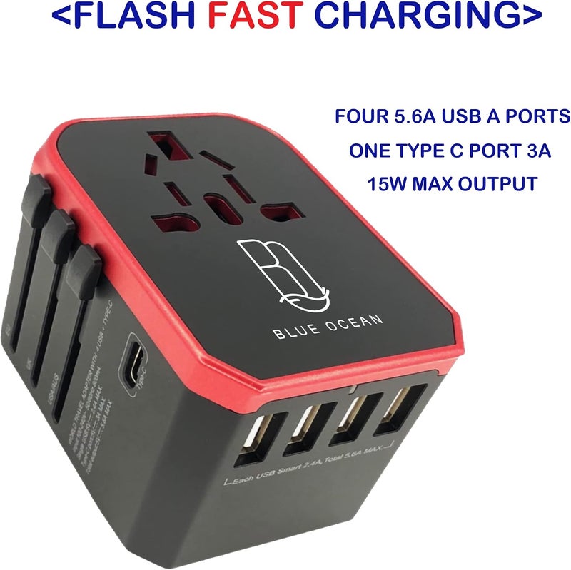 BLUE OCEAN Travel Adapter, 5.6A Ultra-fast Speed 4 Usb Ports - 1 Type C 3.0A Universal Travel Adapter, All In One Adapter For Phones, Tablets And Power Socket Plugs Uk Eu Us Au Auto Switch With Pouch - Image 2