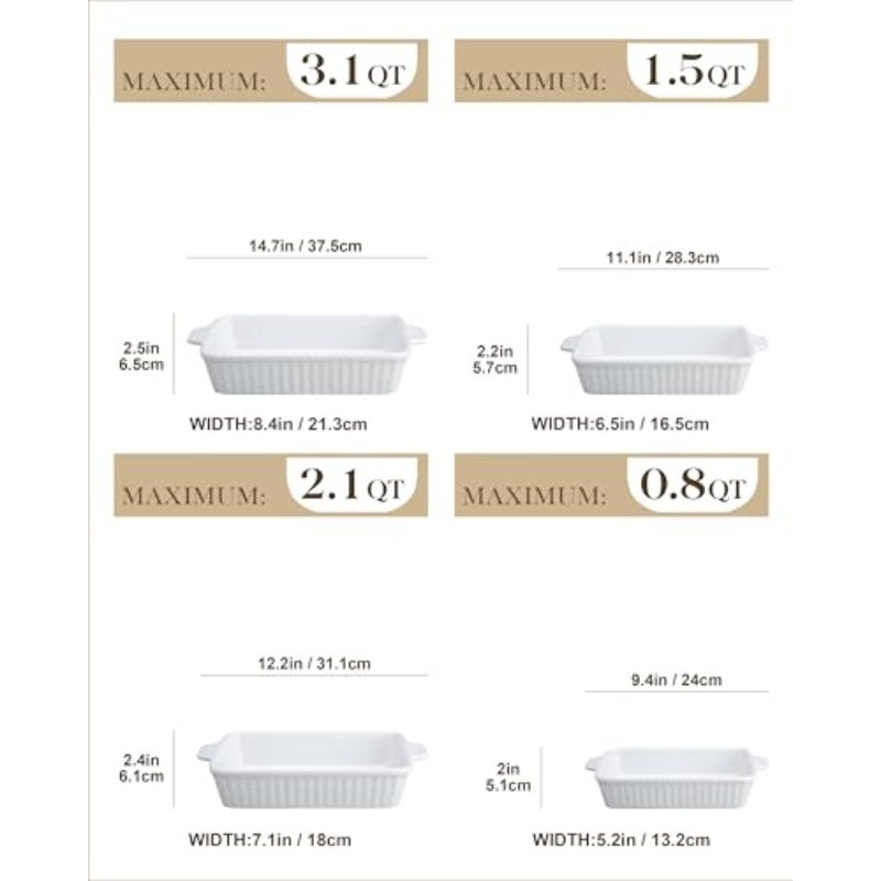 Casserole Dishes for Oven Porcelain Baking Dishes Ceramic Bakeware Sets of 4 Rectangular Lasagna Pans Deep with Handles for Baking Cake Kitchen White 9.4" 11.1" 12.2" 14.7" Series Rectangular Deep Lasagna Pans with Handles for Roasting Vegetable Cake Durable Bakeware Wedding Gift(9.4 11.1 12.2 14.7") - Image 2