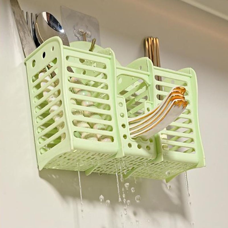 Cosiki Cutlery Holder, Wall Mounted Plastic Spoon Chopstick Basket for Kitchen with Hollow Draining Design, Multi Functional Storage Organizer (Green) - Image 1