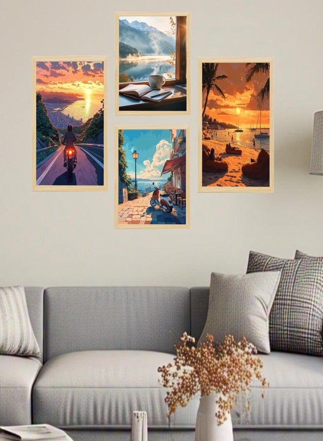 ARAkri Travel-Themed Wall Art Set, 4-Piece Framed Paintings Collection, Scenic Landscapes and Sunsets, 25x33 cm and 25x25 cm, Modern Home Decor - Image 4