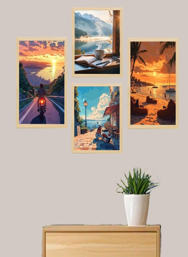 ARAkri Travel-Themed Wall Art Set, 4-Piece Framed Paintings Collection, Scenic Landscapes and Sunsets, 25x33 cm and 25x25 cm, Modern Home Decor - Image 3