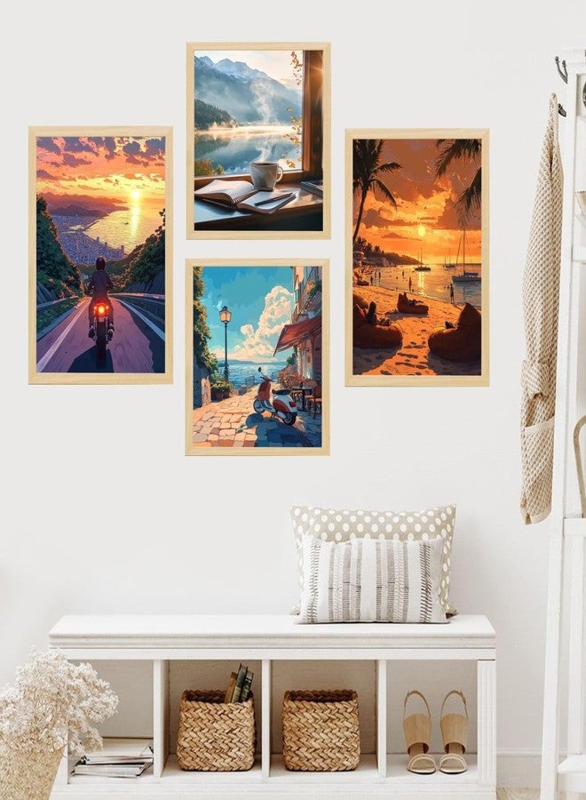 ARAkri Travel-Themed Wall Art Set, 4-Piece Framed Paintings Collection, Scenic Landscapes and Sunsets, 25x33 cm and 25x25 cm, Modern Home Decor - Image 1