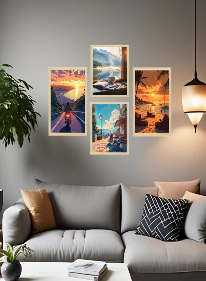 ARAkri Travel-Themed Wall Art Set, 4-Piece Framed Paintings Collection, Scenic Landscapes and Sunsets, 25x33 cm and 25x25 cm, Modern Home Decor - Image 2