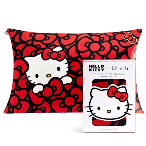 Kitsch x Hello Kitty Satin Pillowcase Toddler Pillowcase with Zipper Cooling Satin Toddler Pillow Case for Hair Skin Kids Pillowcase Standard Size 19x26 Sea of Bows - Image 1