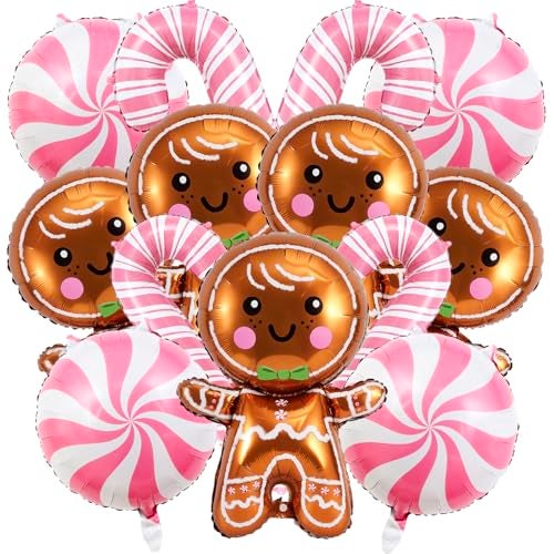Villorem 14 Pcs Christmas Balloons Decorations Gingerbread Man Balloons Pink Candy Cane Foil Balloon for Christmas Birthday Party Winter Themed Decorations - Image 1