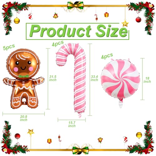 Villorem 14 Pcs Christmas Balloons Decorations Gingerbread Man Balloons Pink Candy Cane Foil Balloon for Christmas Birthday Party Winter Themed Decorations - Image 5