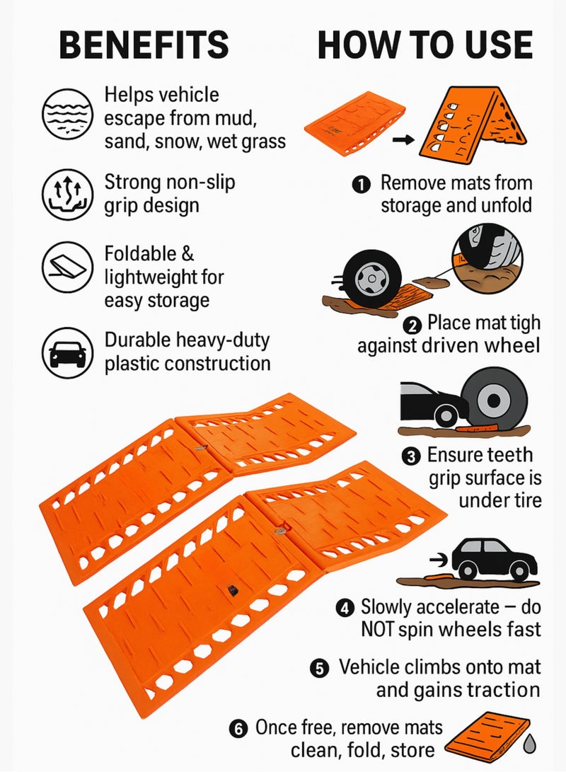 سجادات الجر - عبوة من قطعتين - ألواح استرداد قابلة للطي للمركبات على الطين والرمال والثلج - منحدرات قبضة الإطارات شديدة التحمل مانعة للانزلاق مقاس 60 × 18 سم - Image 2