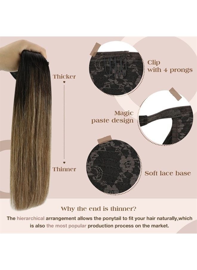 Ve Sunny Clip in Ponytail Extensions Human Hair Ponytail Extensions Natural Black Ombre Dark Brown Mix Caramel Brown Pony Tails Hairpieces Human Hair Ponytail Extensions 80g 20inch  - Image 4