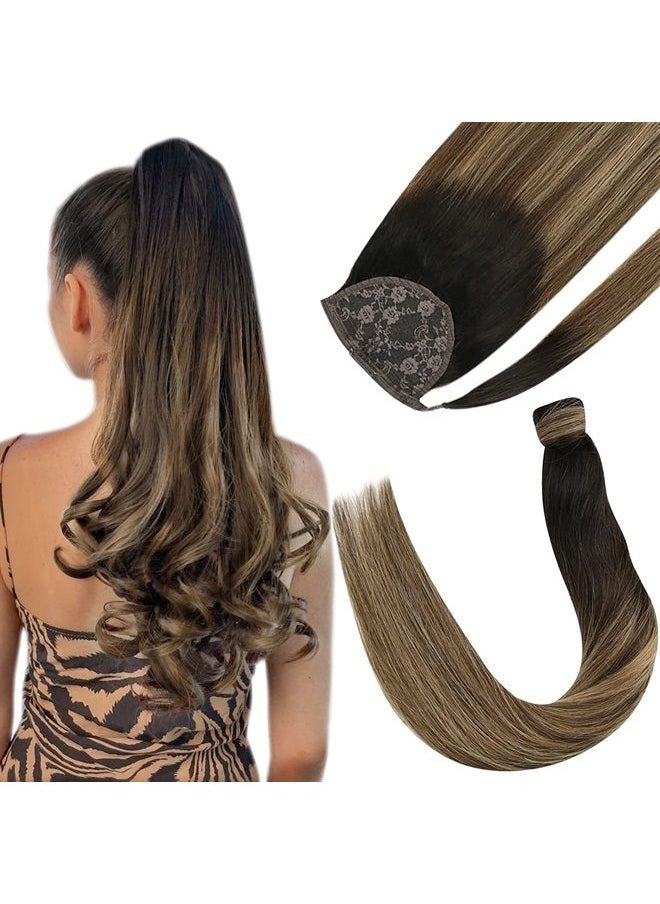 Ve Sunny Clip in Ponytail Extensions Human Hair Ponytail Extensions Natural Black Ombre Dark Brown Mix Caramel Brown Pony Tails Hairpieces Human Hair Ponytail Extensions 80g 20inch  - Image 1
