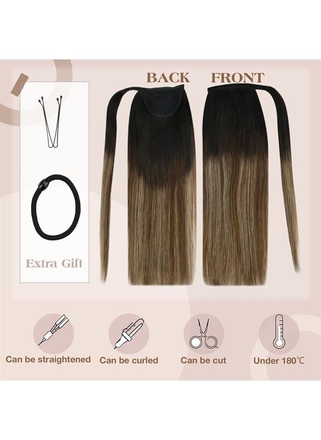 Ve Sunny Clip in Ponytail Extensions Human Hair Ponytail Extensions Natural Black Ombre Dark Brown Mix Caramel Brown Pony Tails Hairpieces Human Hair Ponytail Extensions 80g 20inch  - Image 5