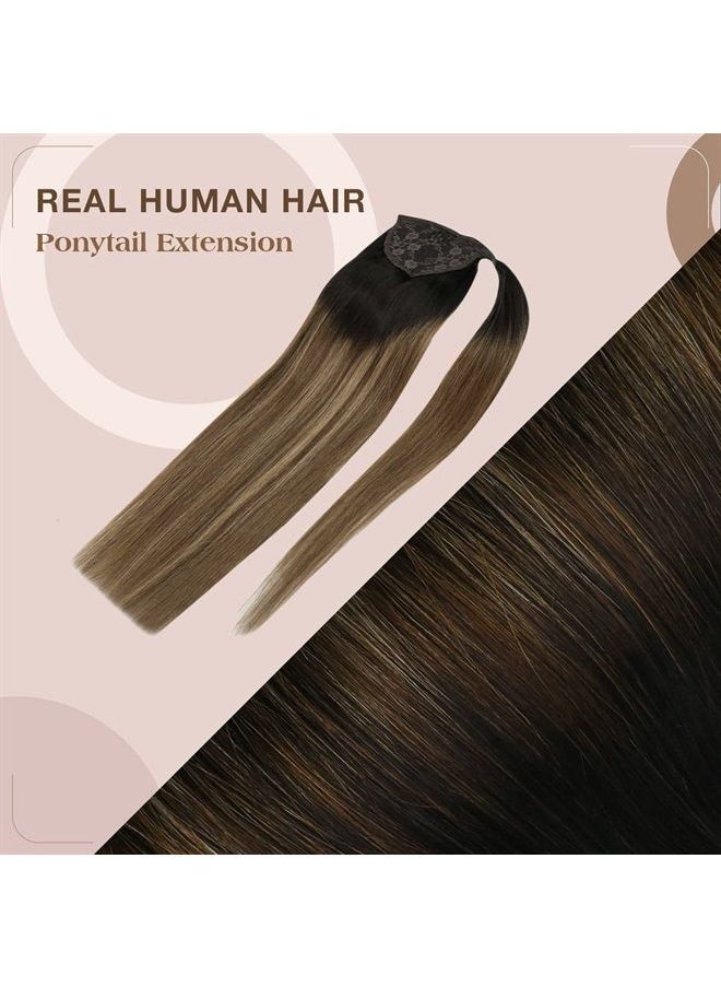 Ve Sunny Clip in Ponytail Extensions Human Hair Ponytail Extensions Natural Black Ombre Dark Brown Mix Caramel Brown Pony Tails Hairpieces Human Hair Ponytail Extensions 80g 20inch  - Image 3