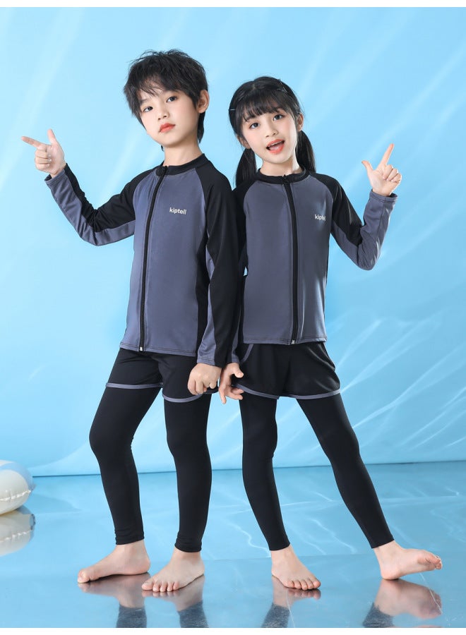 Children's Swimwear Boys' Swimwear Girls' Long-sleeved Sunscreen Swimwear Parent-child Quick-dry Baby Surf Suit-Color:Adult Gray Three-piece Set- - Image 2