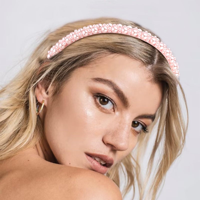 Hapdoo Pink Pearl Headbands for Women Girls, Cute Beads Headband with Faux Pearl for Wedding Bride, Fashion Beaded Bling Hairbands Hair Hoop Accessories for Birthday - Image 3