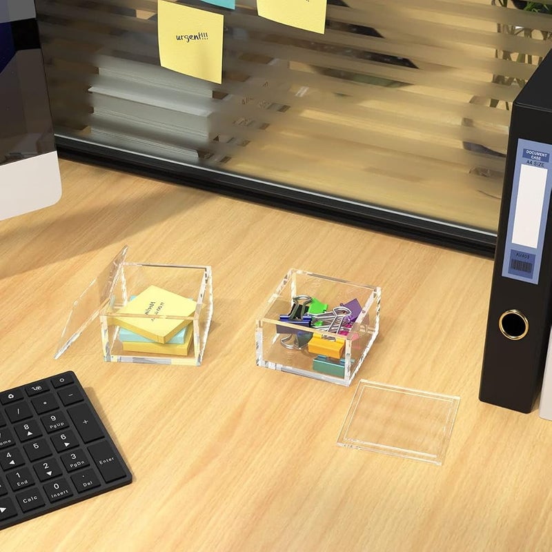 NIUBEE Small Acrylic Box with Lid, Clear Box Square Container to Hold Staples, Highlighters, Adhesive Tape, Paper Clips, Stamps, Stackable Mult-Purpose for Office and Home (Small) - Image 3