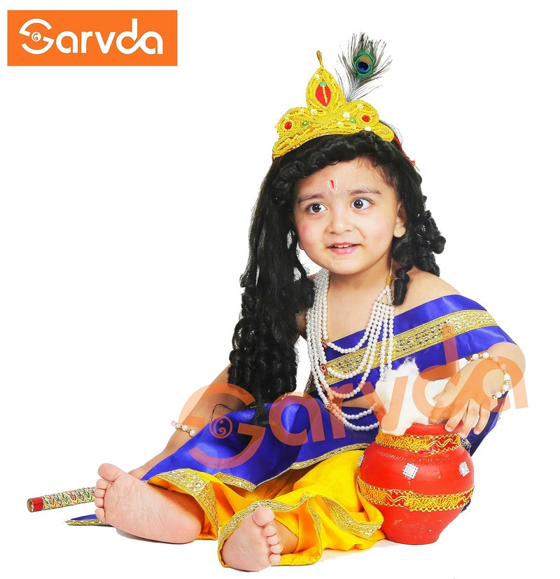 Sarvda Brocade Shree Krishna Dress For Kids For Baby Boy Radha Dress For Girls With Accessories Dhoti, Dupatta, Mukut Flute Complete Set, Multicolor - Image 5