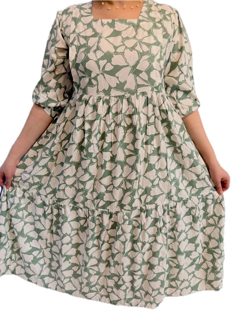 Maternity, Feeding Floral Print Midi Dress, Quarter Sleeve, Square Neck, Tiered Skirt, Green and Cream - Image 1
