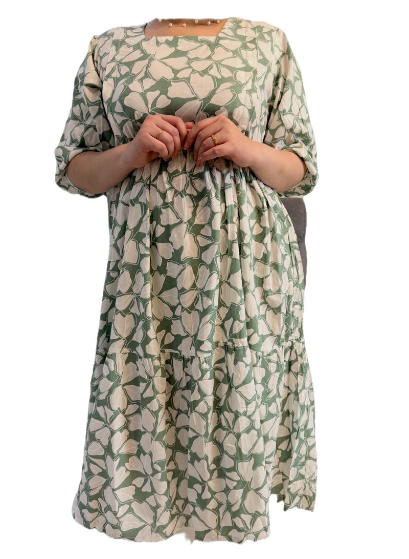 Maternity, Feeding Floral Print Midi Dress, Quarter Sleeve, Square Neck, Tiered Skirt, Green and Cream - Image 2