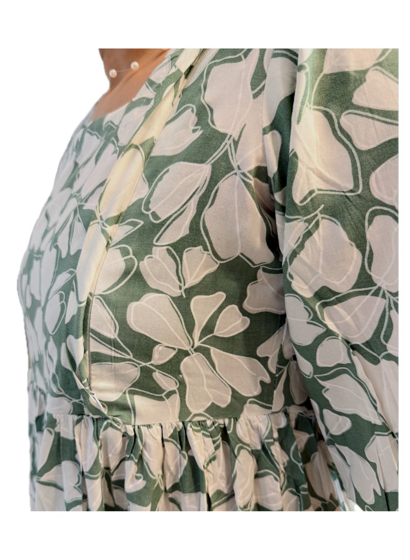Maternity, Feeding Floral Print Midi Dress, Quarter Sleeve, Square Neck, Tiered Skirt, Green and Cream - Image 3