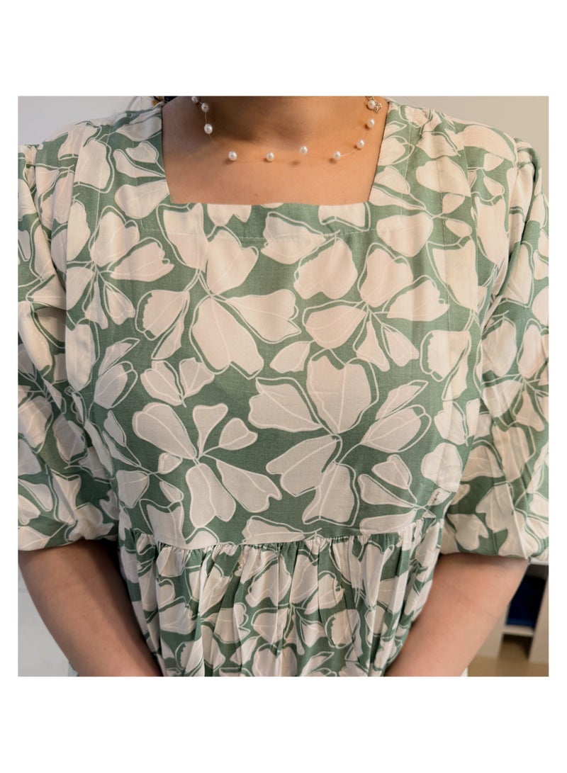 Maternity, Feeding Floral Print Midi Dress, Quarter Sleeve, Square Neck, Tiered Skirt, Green and Cream - Image 4