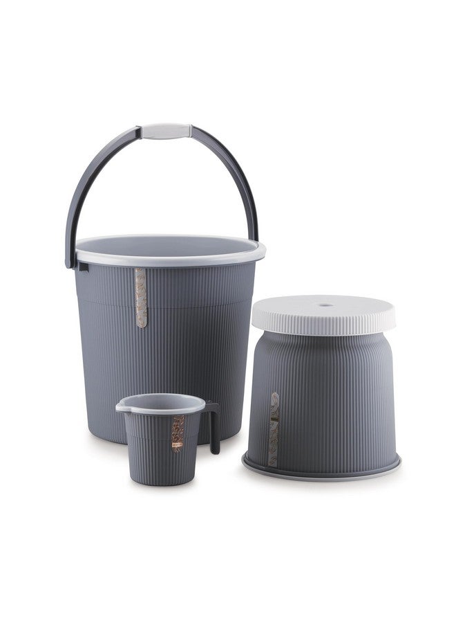 Nabhya مجموعة حمام فاخرة كاملة من نبهيا نيوتن 3 قطع وملحقات للمنزل والمطبخ والحمام تشمل دلو سعة 25 لتر، كرسي مرتفع كبير، وكوب سعة 1.5 لتر (أسود) - Image 1